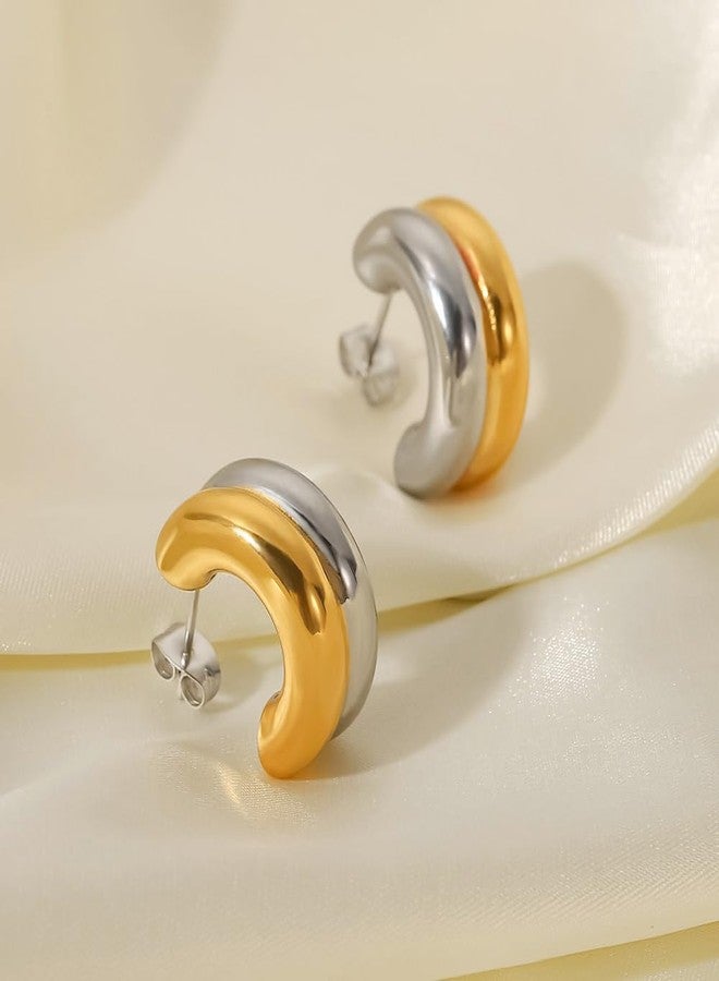 NUZON Two Tone Double Hoops Earrings for Women 18K Gold Plated Hypoallergenic Post Silver & Gold Mixed Metal Small C Open Earrings Statement Minimalist Jewelry Best Friend - Image 5